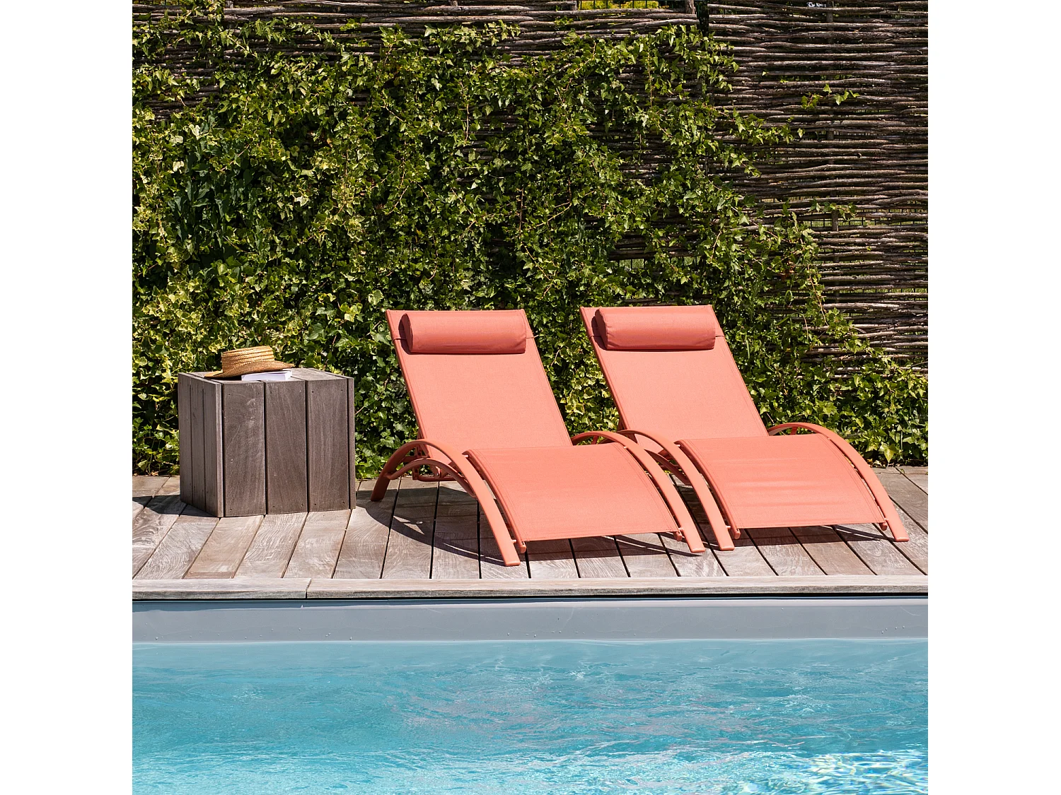 Lot de 2 transats GALAPAGOS en textilène terracotta - aluminium terracotta - HAPPY GARDEN