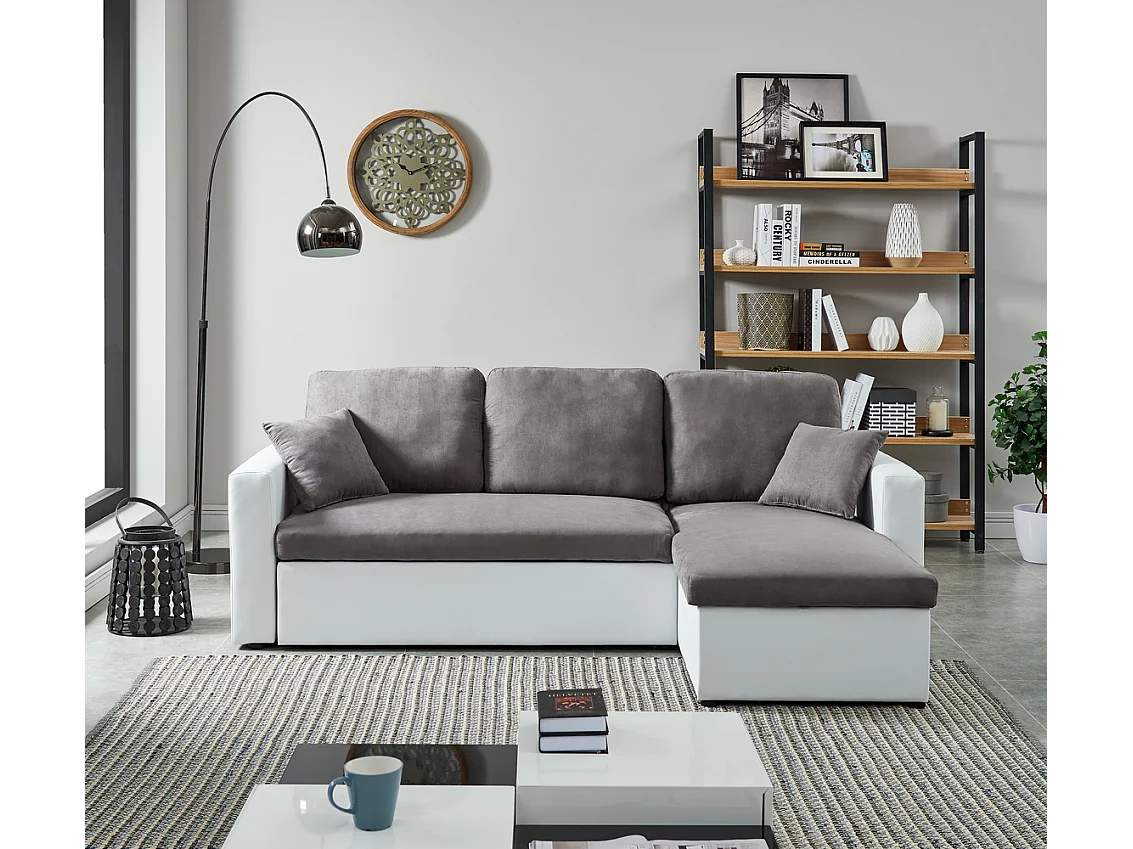Canapé d'angle ASPEN gris et blanc 4 accroches