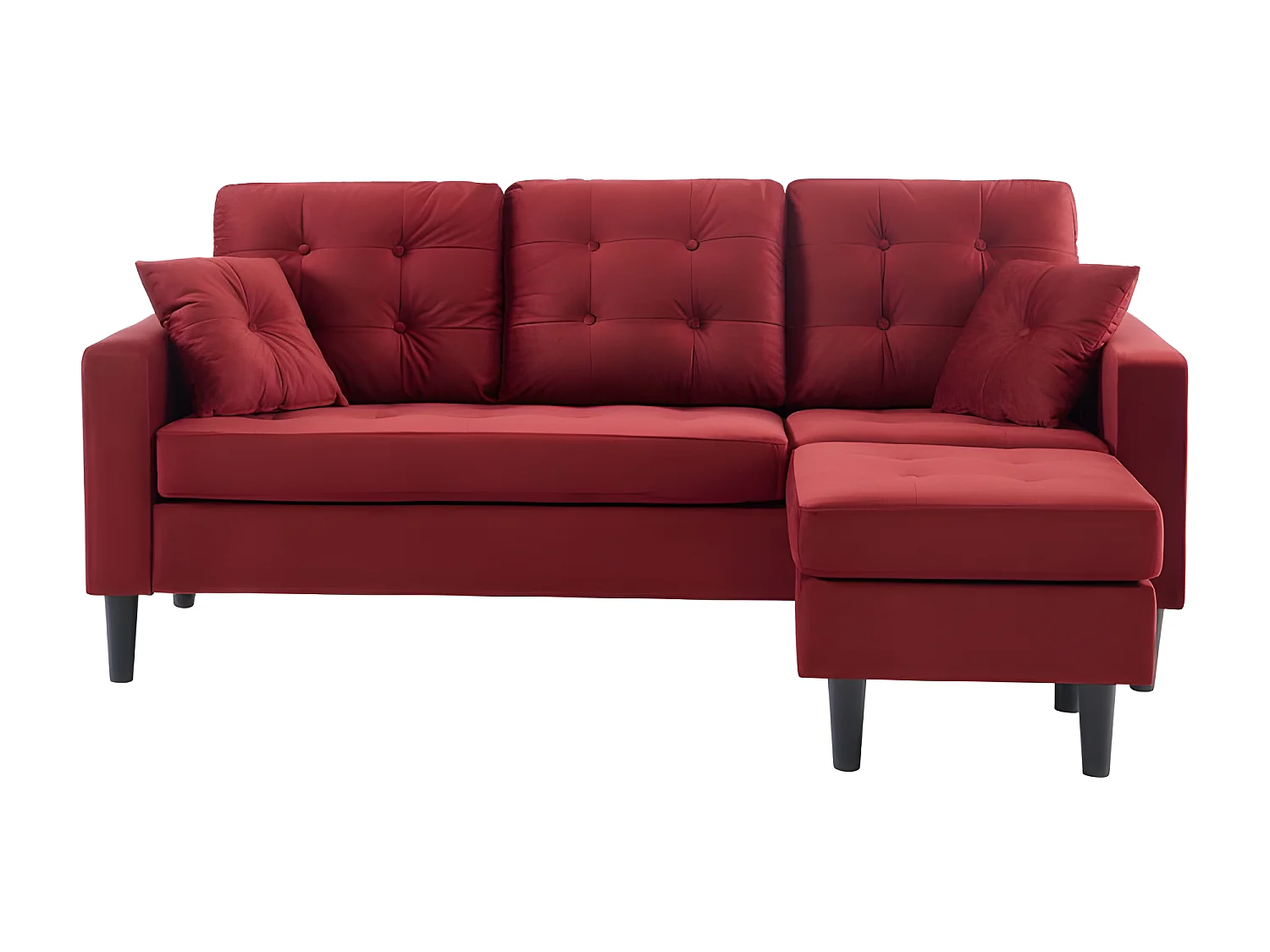 Canapé d'angle MIRISA en velours grenat et pieds bois 4 places et 2 coussins inclus