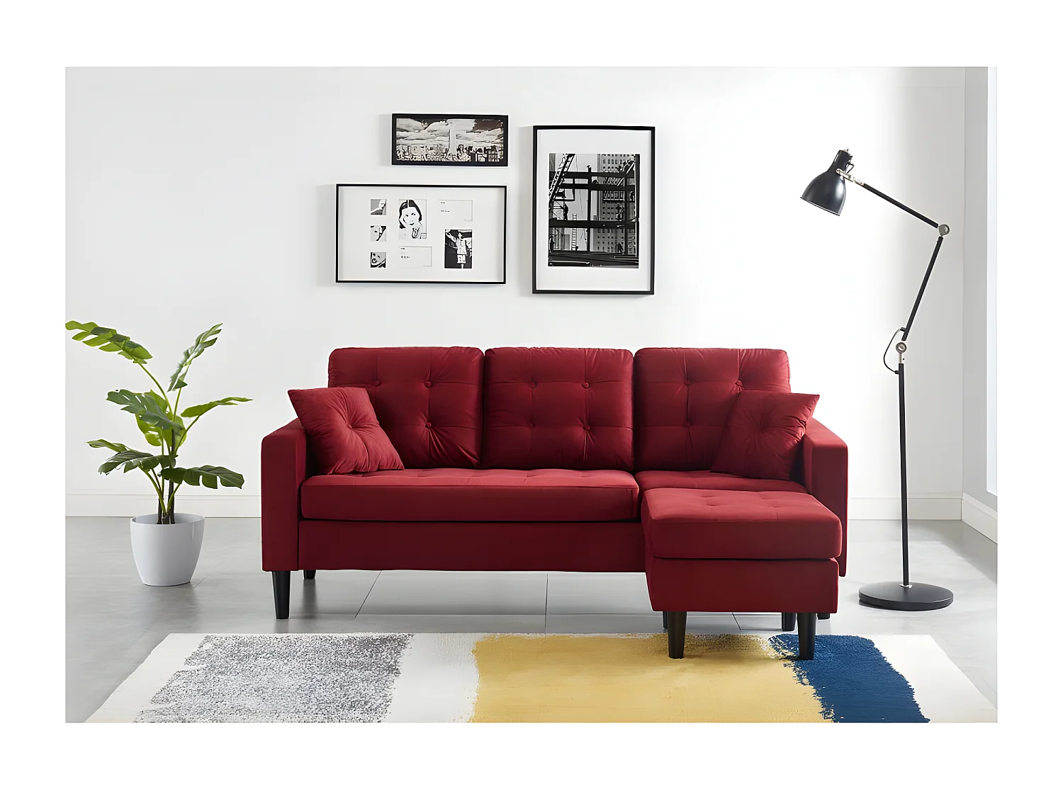 Canapé d'angle MIRISA en velours grenat et pieds bois 4 places et 2 coussins inclus