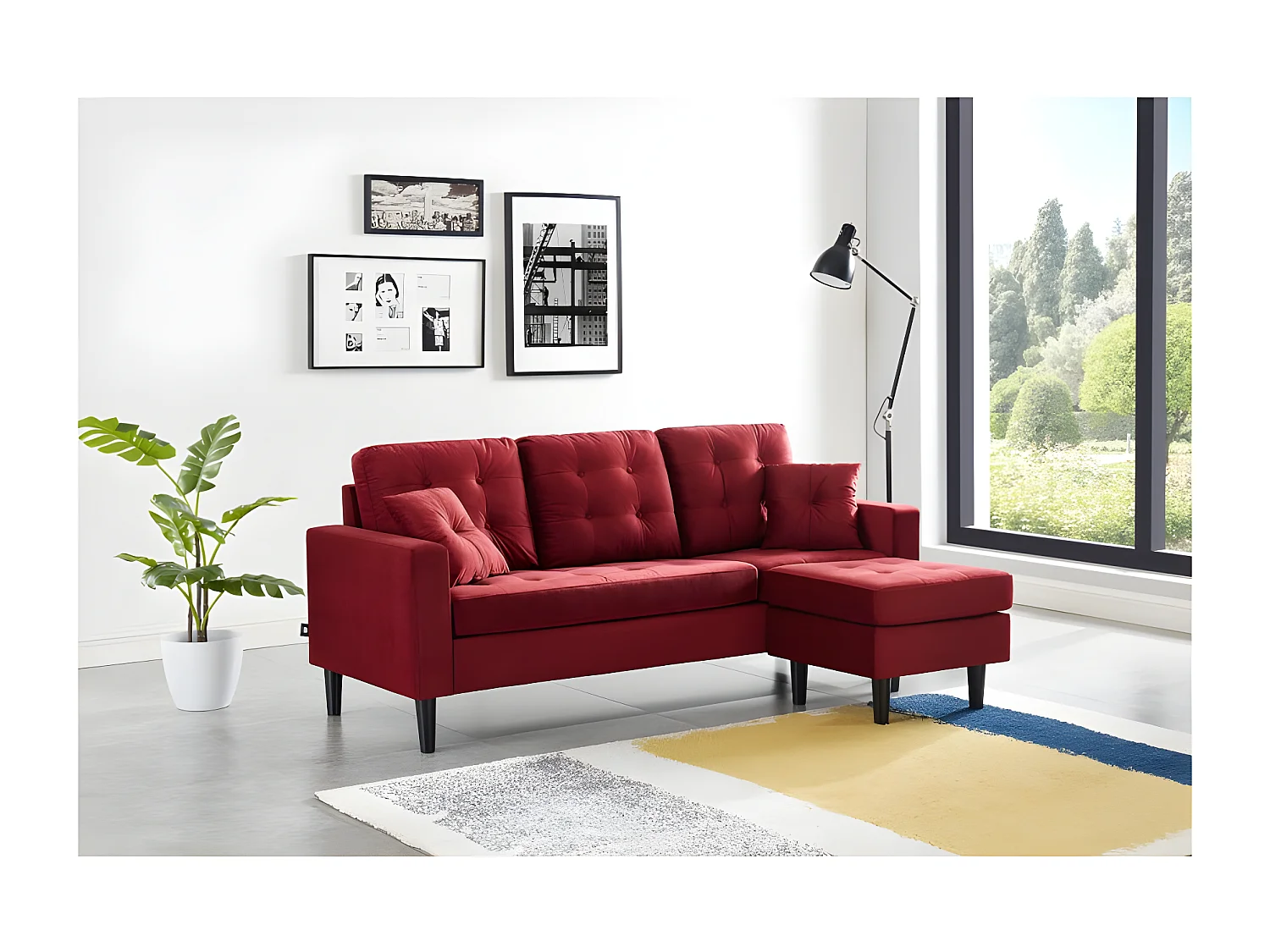 Canapé d'angle MIRISA en velours grenat et pieds bois 4 places et 2 coussins inclus