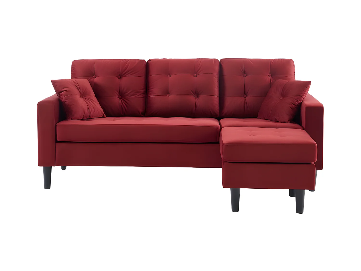 Canapé d'angle MIRISA en velours grenat et pieds bois 4 places et 2 coussins inclus