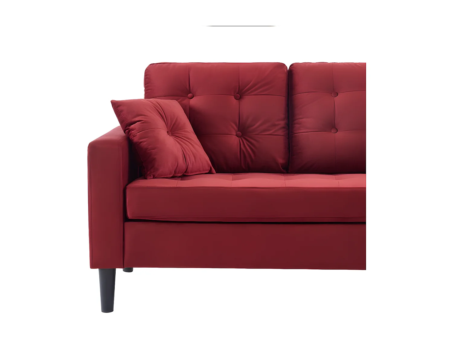 Canapé d'angle MIRISA en velours grenat et pieds bois 4 places et 2 coussins inclus