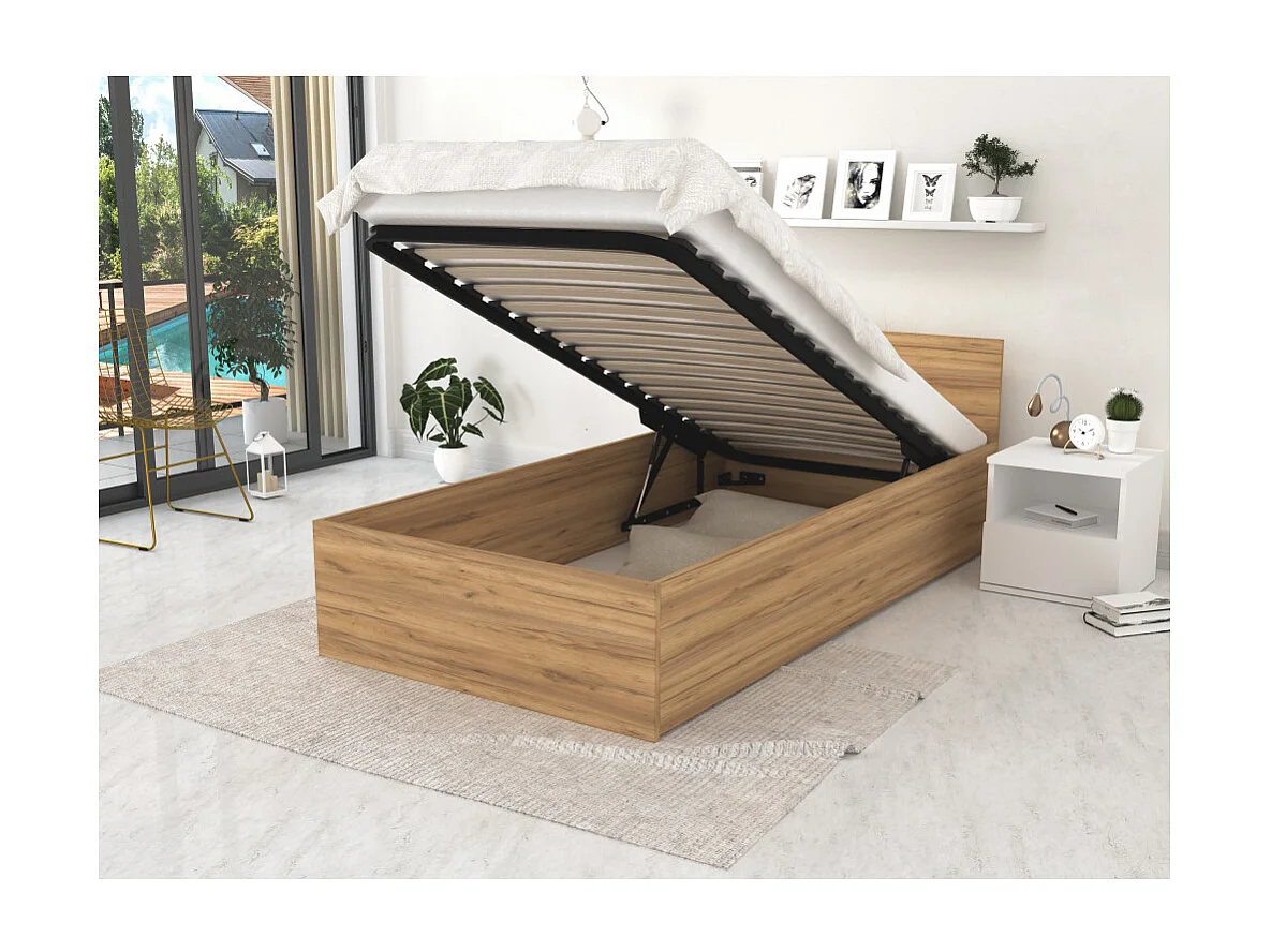 Lit coffre 120 x 200 cm Panama - Coffre de 470 Litres - Sommier inclus - Chêne