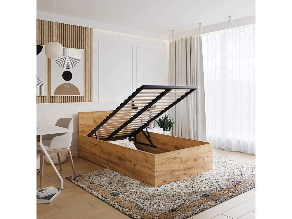 Lit coffre 120 x 200 cm Panama - Coffre de 670 Litres - Sommier inclus - Chêne