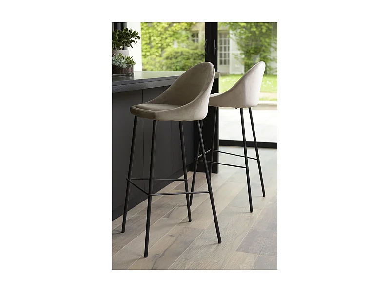 TOM - Lot de 2 tabourets bar hauteur 80cm pieds noir velours beige