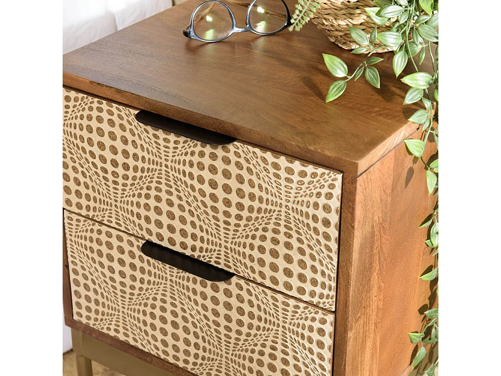 ALIX - Table de chevet en bois de manguier 2 tiroirs motifs ethniques