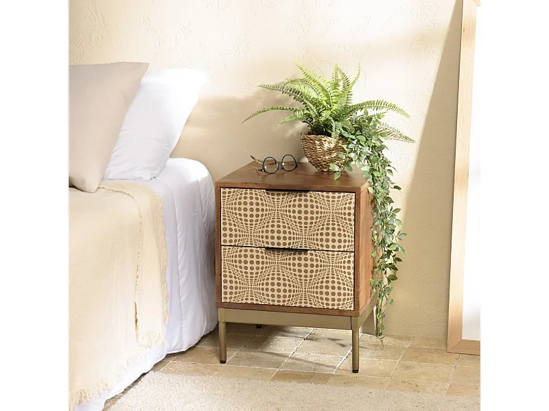 ALIX - Table de chevet en bois de manguier 2 tiroirs motifs ethniques