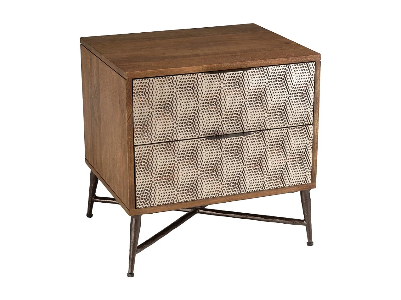 ALIX - Table de chevet en bois de manguier 2 tiroirs motifs ethniques