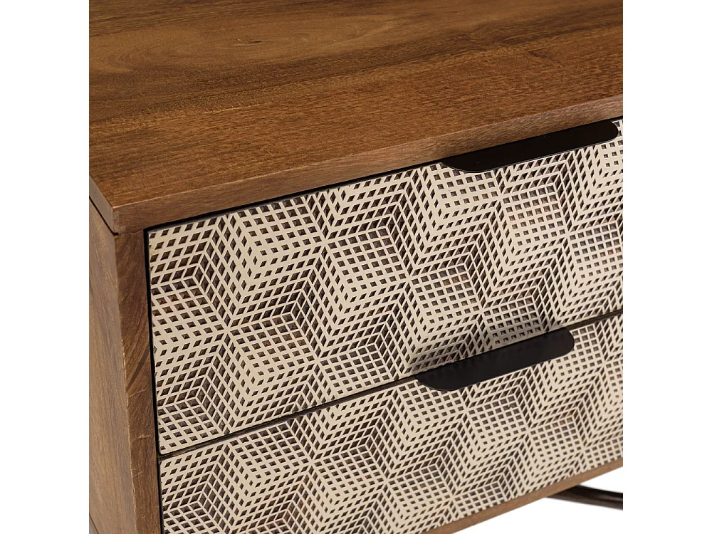 ALIX - Table de chevet en bois de manguier 2 tiroirs motifs ethniques