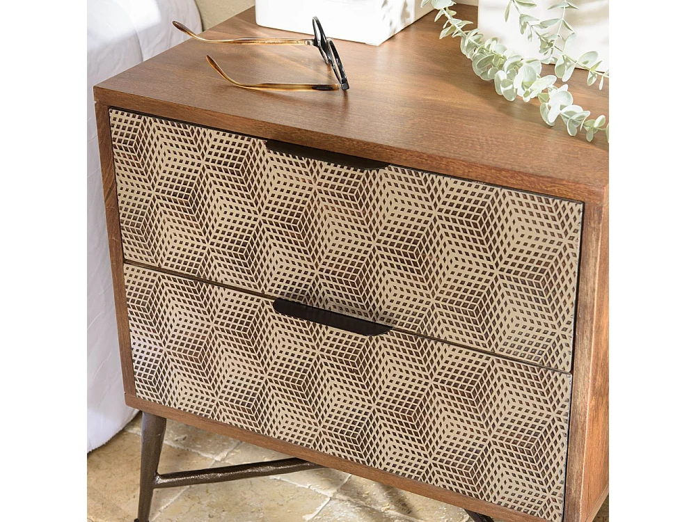 ALIX - Table de chevet en bois de manguier 2 tiroirs motifs ethniques