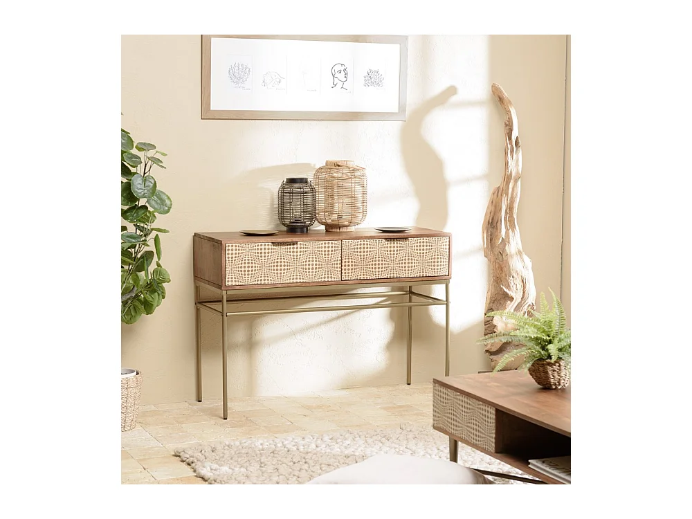 ALIX - Console en bois de manguier 2 tiroirs motifs ethniques