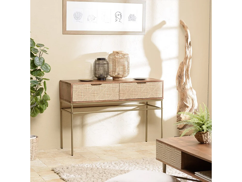 ALIX - Console en bois de manguier 2 tiroirs motifs ethniques