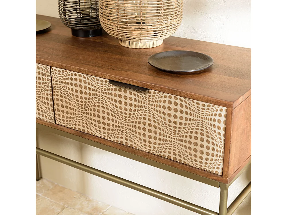 ALIX - Console en bois de manguier 2 tiroirs motifs ethniques