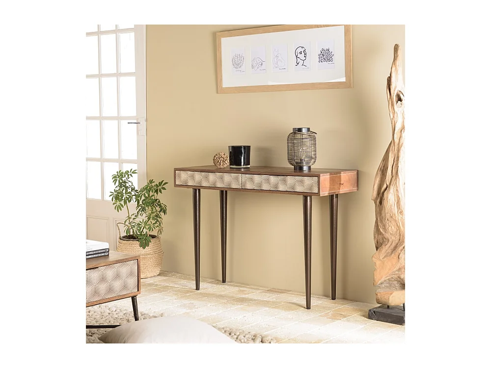 ALIX - Console en bois de manguier 2 tiroirs motifs ethniques dorés