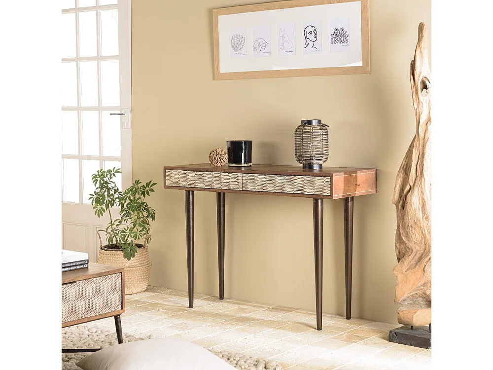 ALIX - Console en bois de manguier 2 tiroirs motifs ethniques dorés