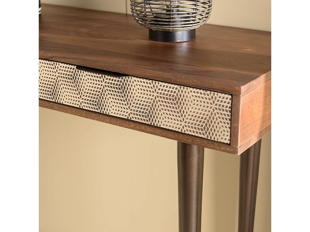 ALIX - Console en bois de manguier 2 tiroirs motifs ethniques dorés