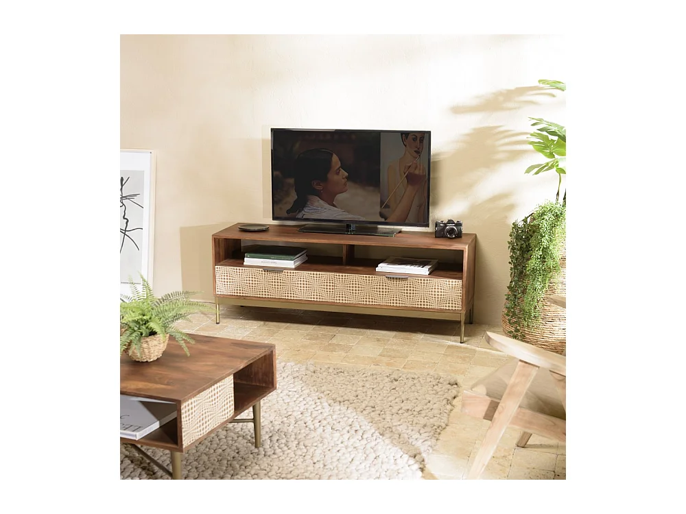 ALIX - Meuble TV en bois de manguier 2 niches 2 tiroirs
