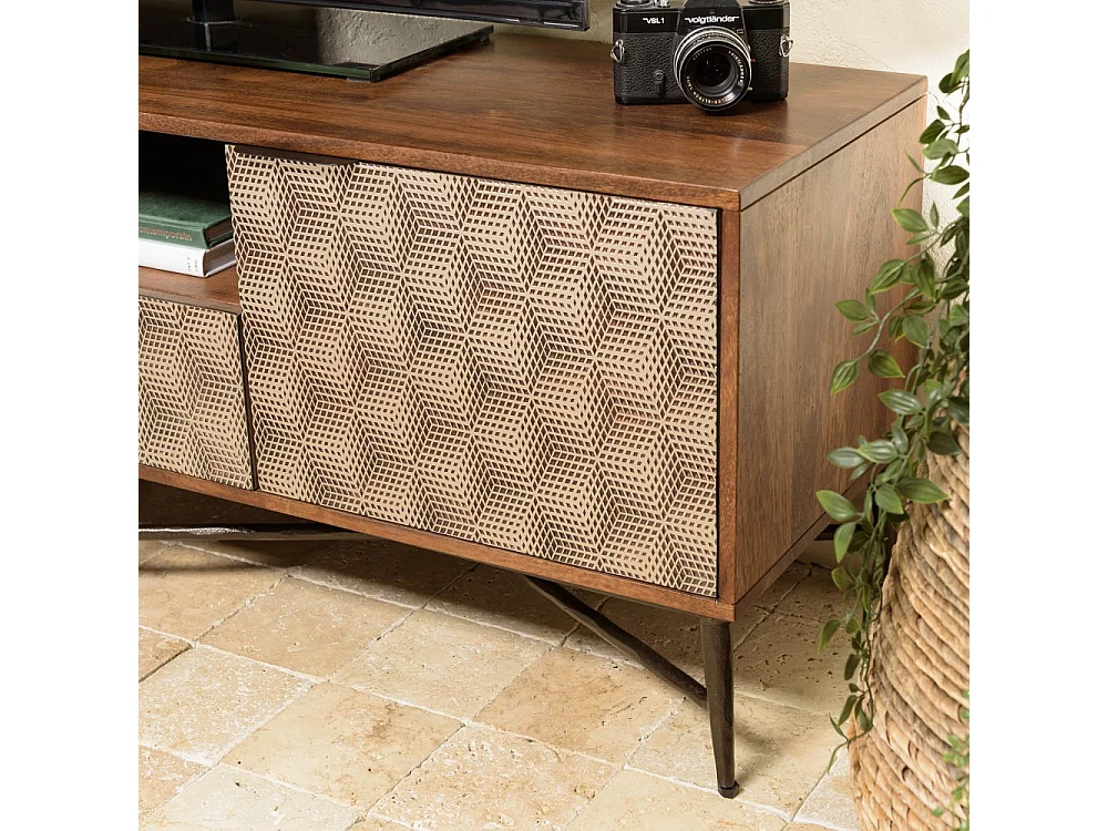 ALIX - Meuble TV en bois manguier 2 portes 1 tiroir motifs ethniques