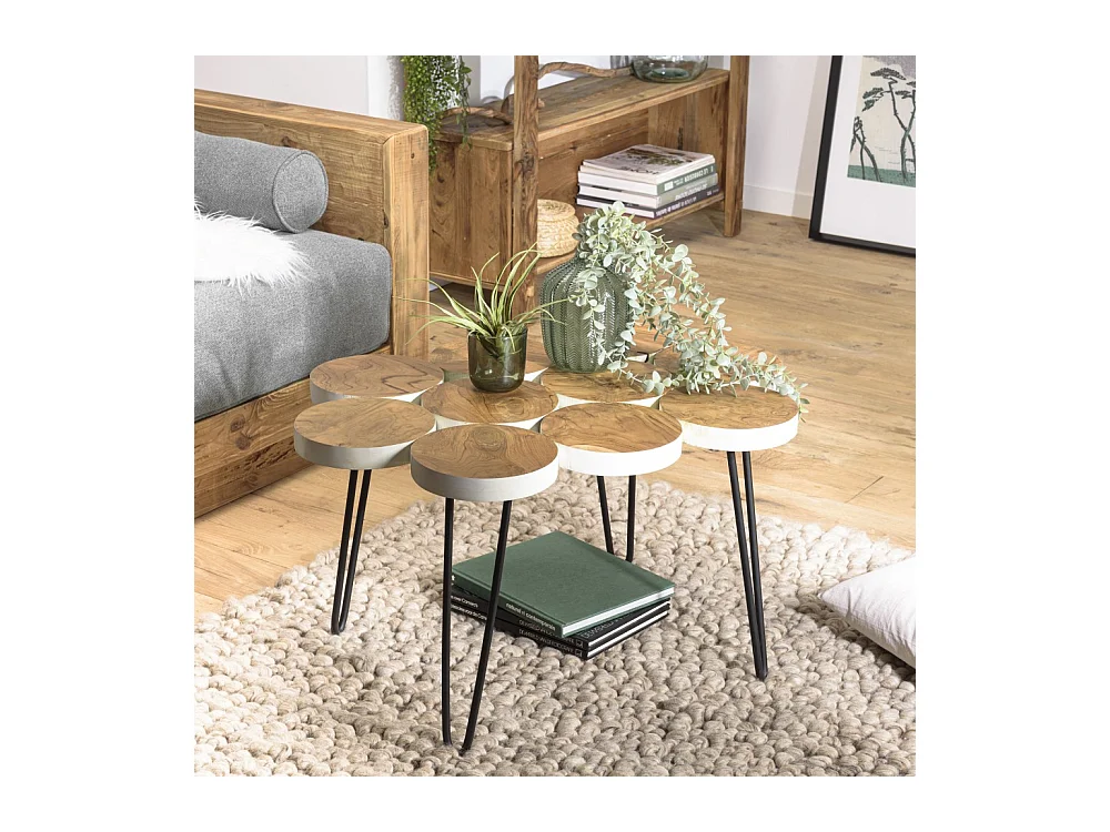 SAM - Table basse plateau rondelles bois teck pieds épingles