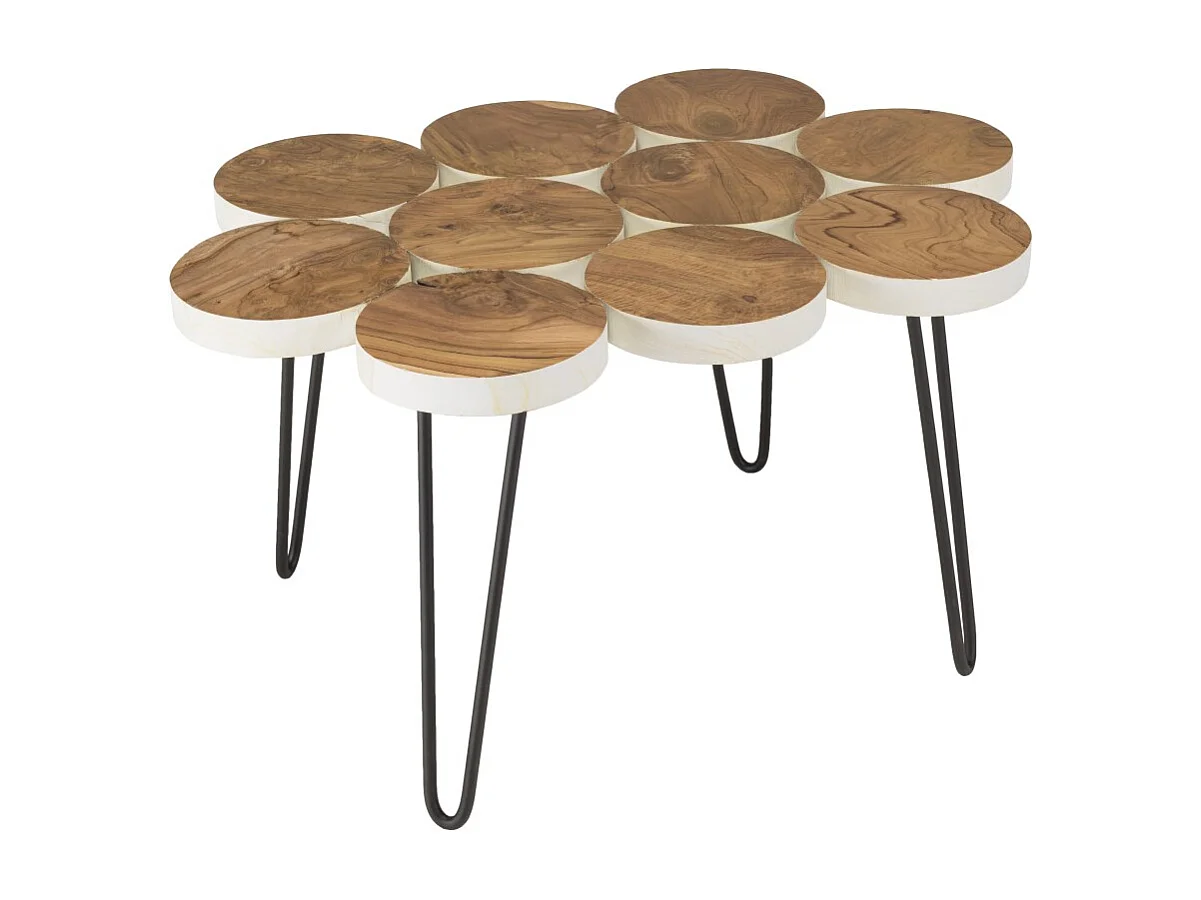 SAM - Table basse plateau rondelles bois teck pieds épingles