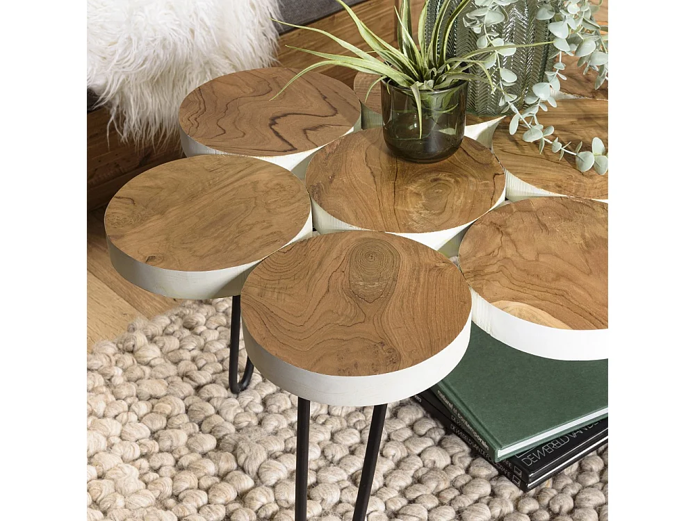 SAM - Table basse plateau rondelles bois teck pieds épingles