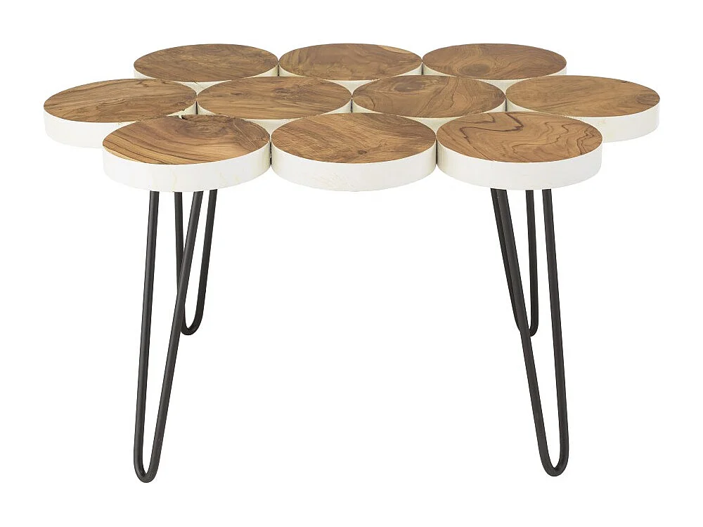 SAM - Table basse plateau rondelles bois teck pieds épingles