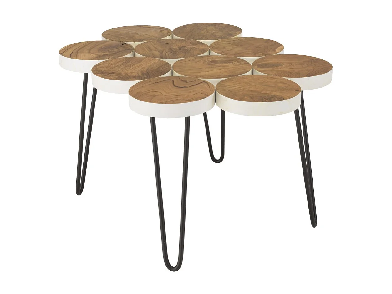 SAM - Table basse plateau rondelles bois teck pieds épingles
