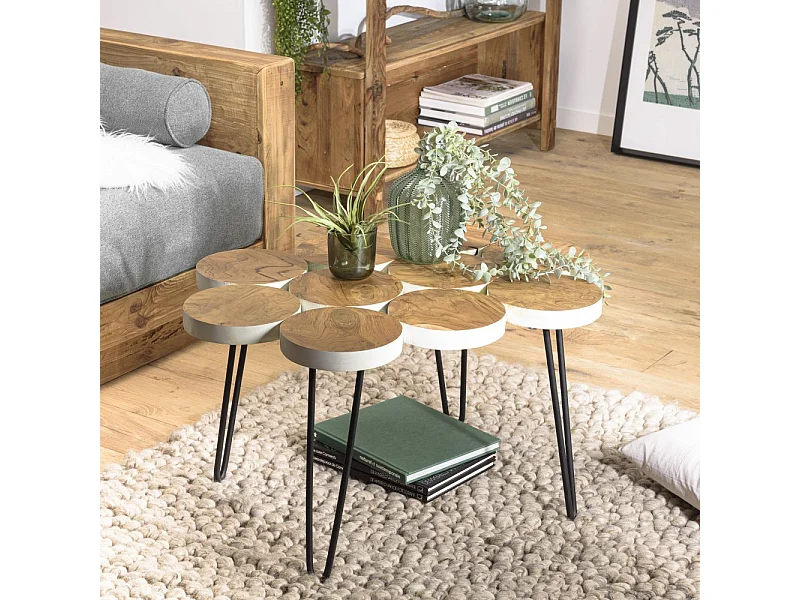 SAM - Table basse plateau rondelles bois teck pieds épingles