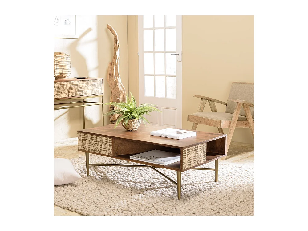 ALIX - Table basse rectangulaire en bois de manguier 2 niches