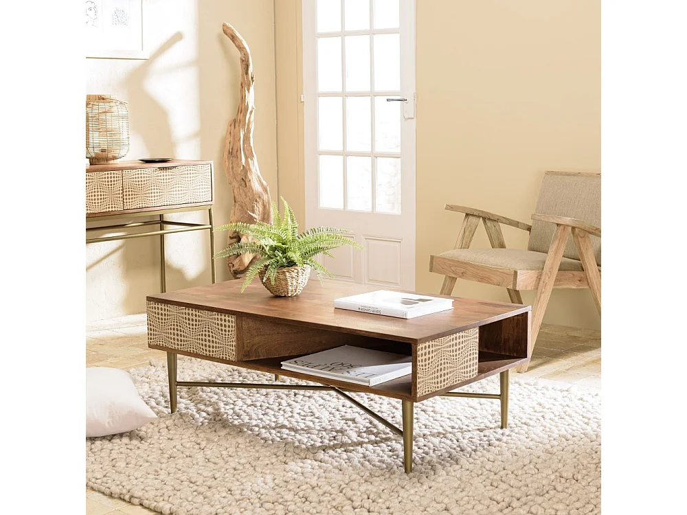 ALIX - Table basse rectangulaire en bois de manguier 2 niches