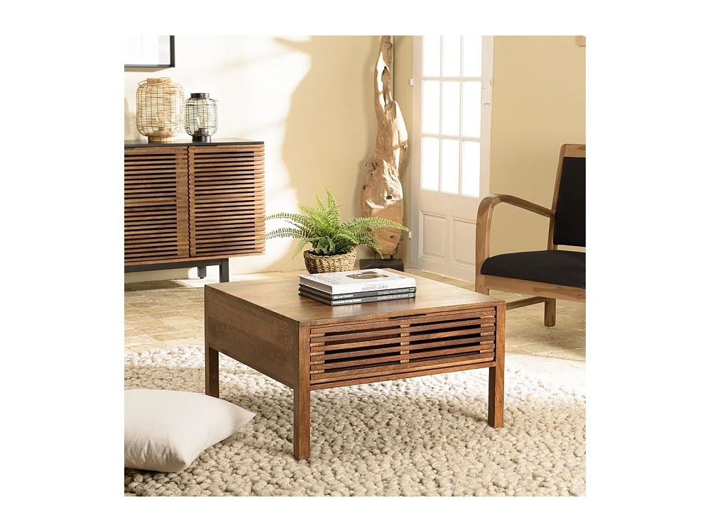 ALIX - Table basse carrée 70x70cm en bois de manguier 2 tiroirs ajourés