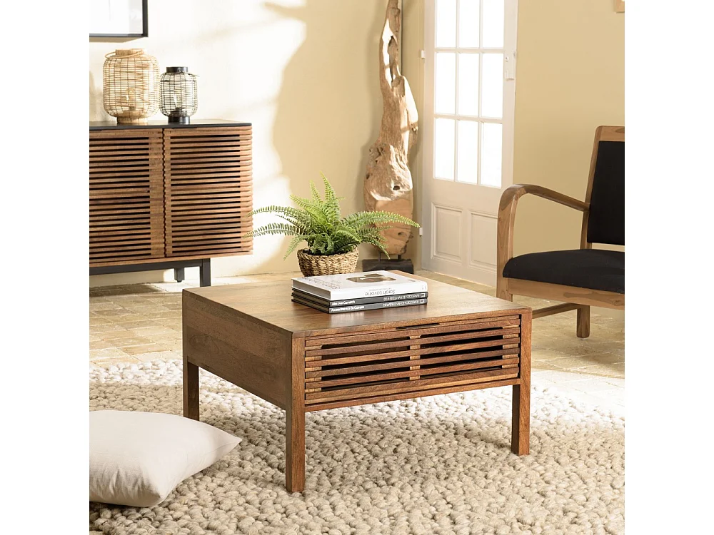 ALIX - Table basse carrée 70x70cm en bois manguier 2 tiroirs ajourés