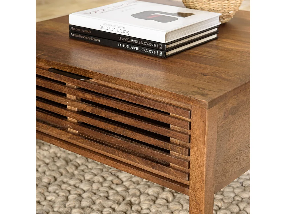 ALIX - Table basse carrée 70x70cm en bois manguier 2 tiroirs ajourés