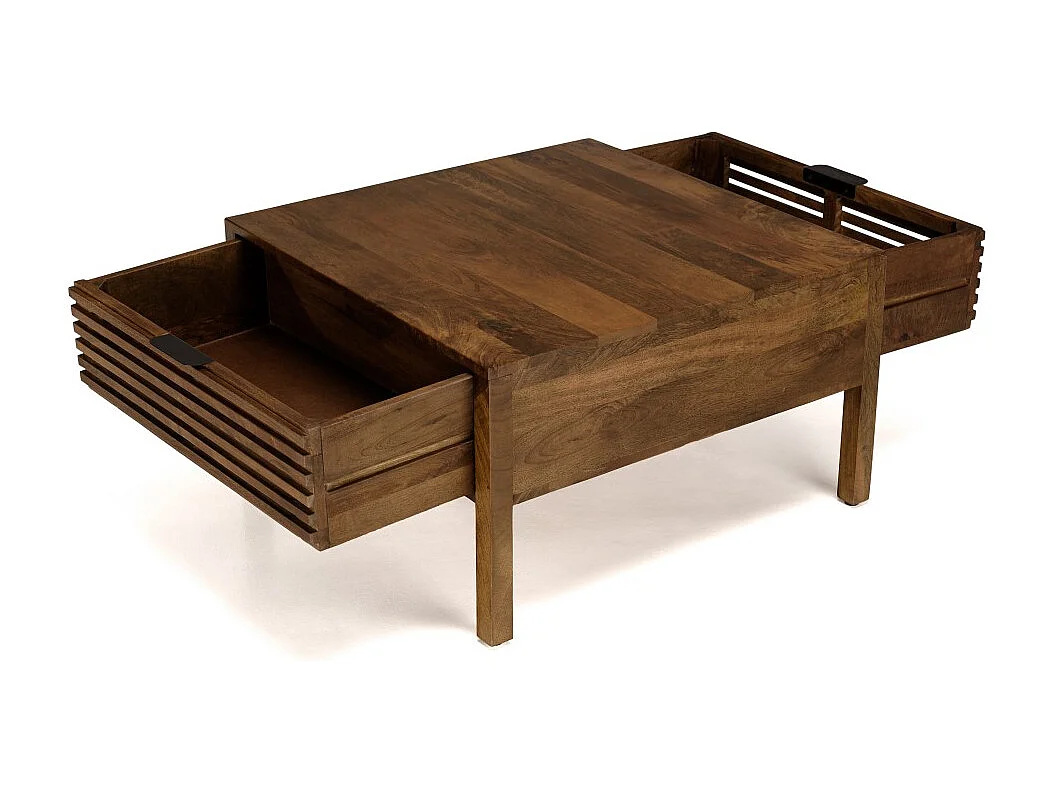 ALIX - Table basse carrée 70x70cm en bois manguier 2 tiroirs ajourés