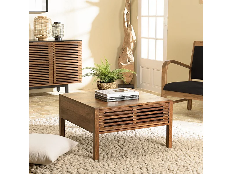 ALIX - Table basse carrée 70x70cm en bois manguier 2 tiroirs ajourés