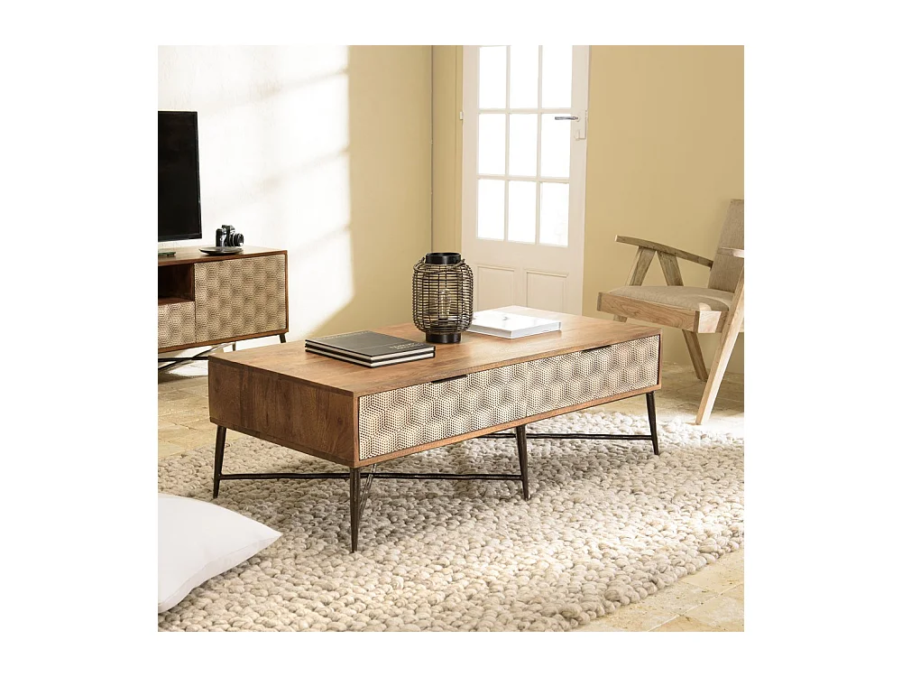 ALIX - Table basse rectangulaire en bois de manguier 2 tiroirs