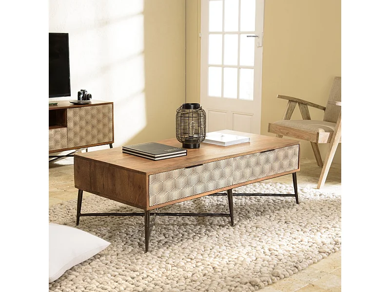 ALIX - Table basse rectangulaire en bois de manguier 2 tiroirs