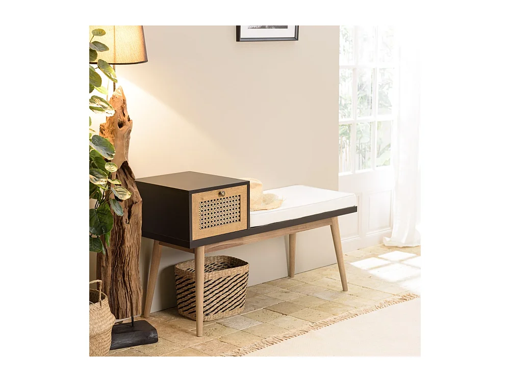 CHARLIE - Banc marron assise noire 1 tiroir effet cannage