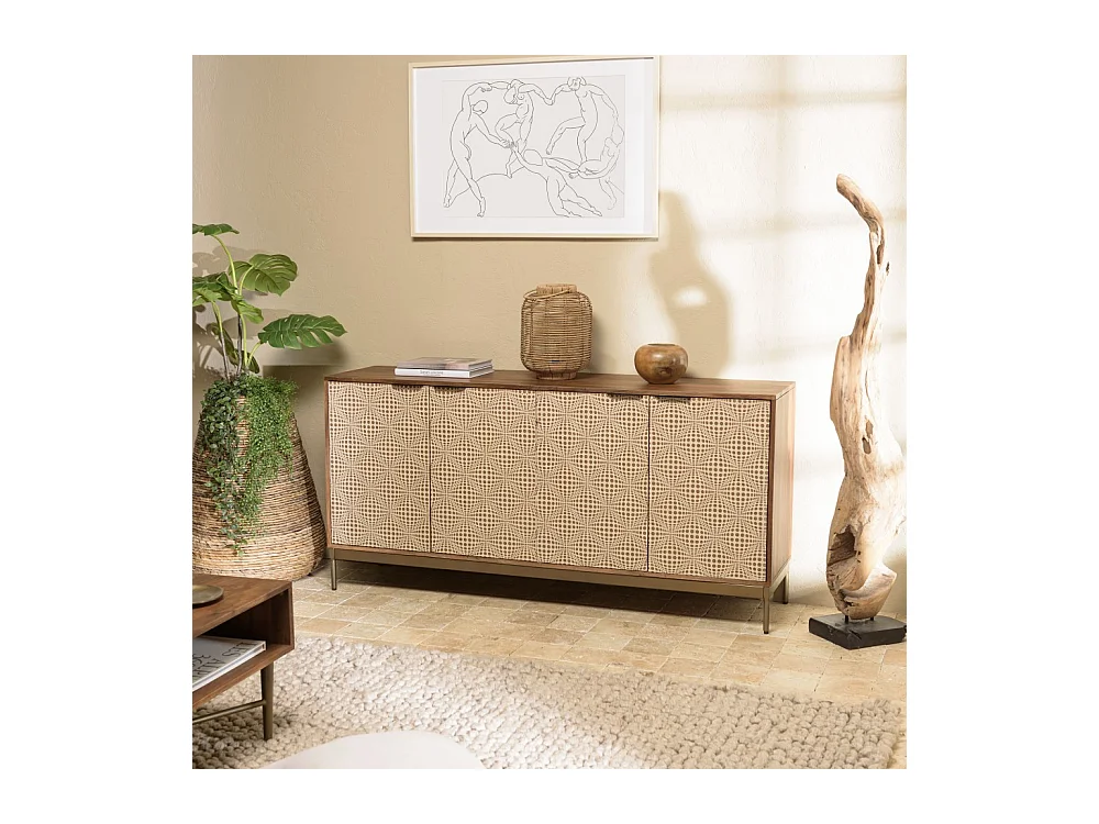 ALIX - Buffet en bois de manguier 4 portes motifs ethniques