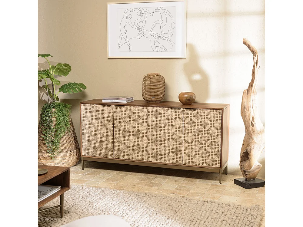 ALIX - Buffet en bois de manguier 4 portes motifs ethniques