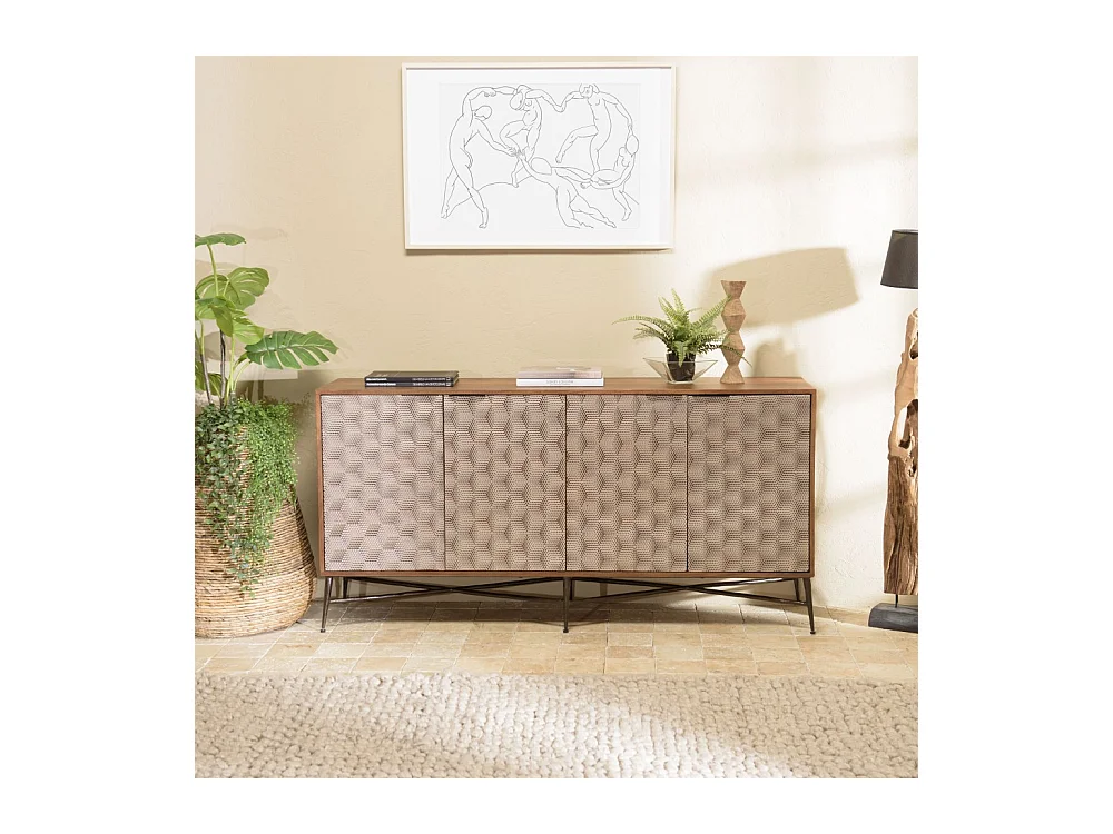 ALIX - Buffet en bois de manguier 4 portes motifs ethniques