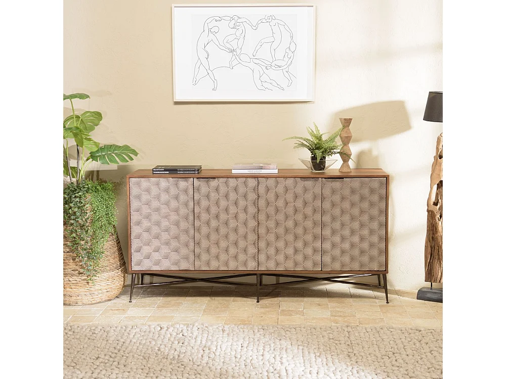 ALIX - Buffet en bois de manguier 4 portes motifs ethniques