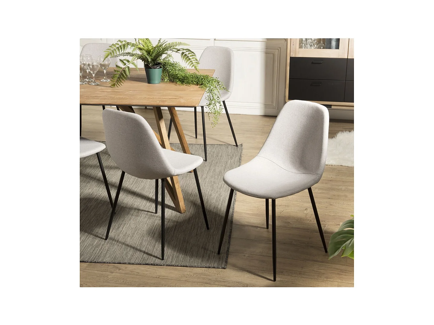 TOM - Lot de 2 chaises tissu blanc écru pieds métal noir