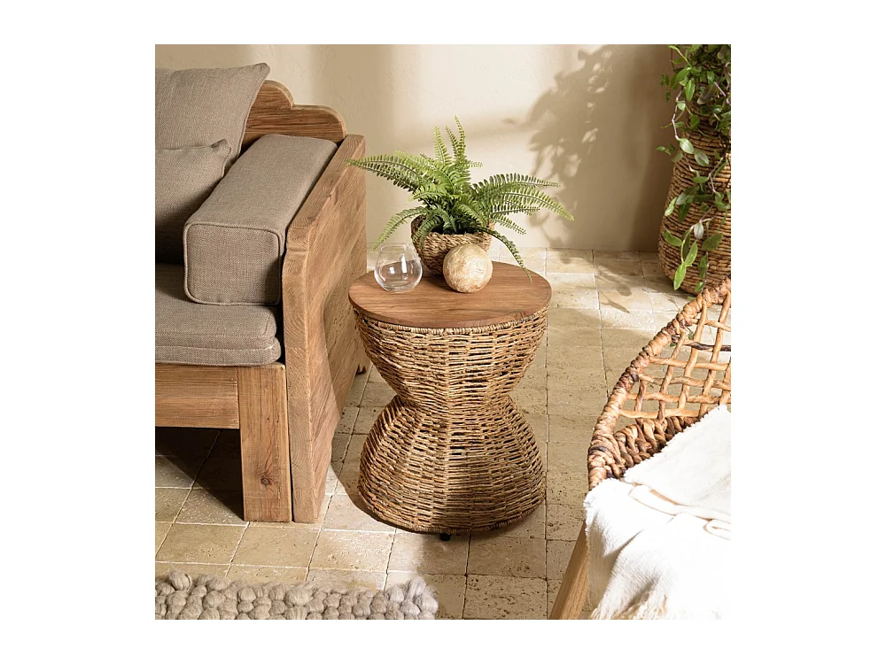 SIXTINE - Tabouret marron assise en bois de teck recyclé