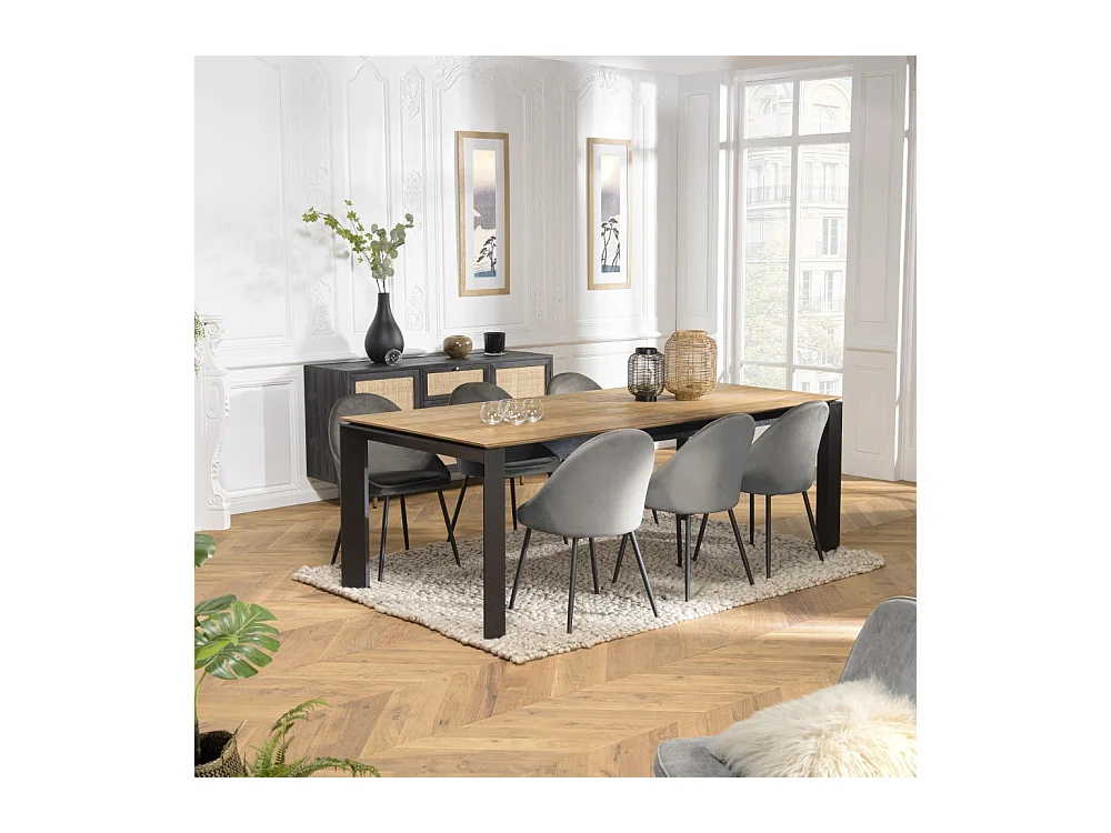 MAXENCE - Table à manger rectangulaire extensible 220/320cm bois teck recyclé pieds métal noir