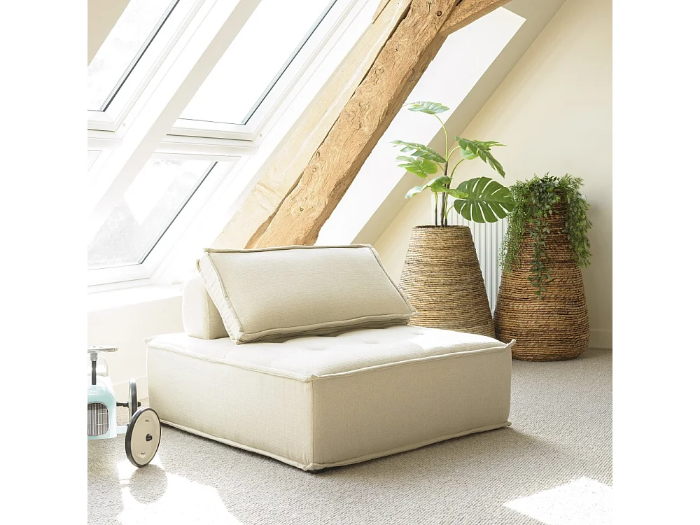 AGATHE - Chauffeuse capitonnée 100x100cm avec dossier et coussin beige