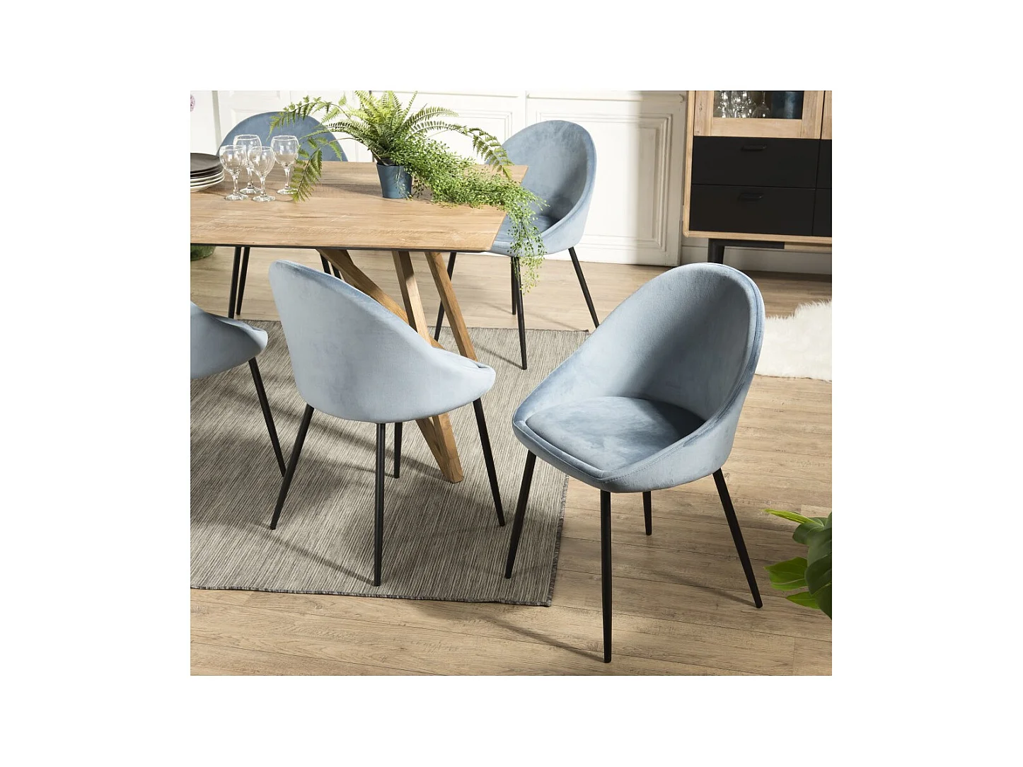 TOM - Lot de 2 chaises velours bleu pieds métal noir