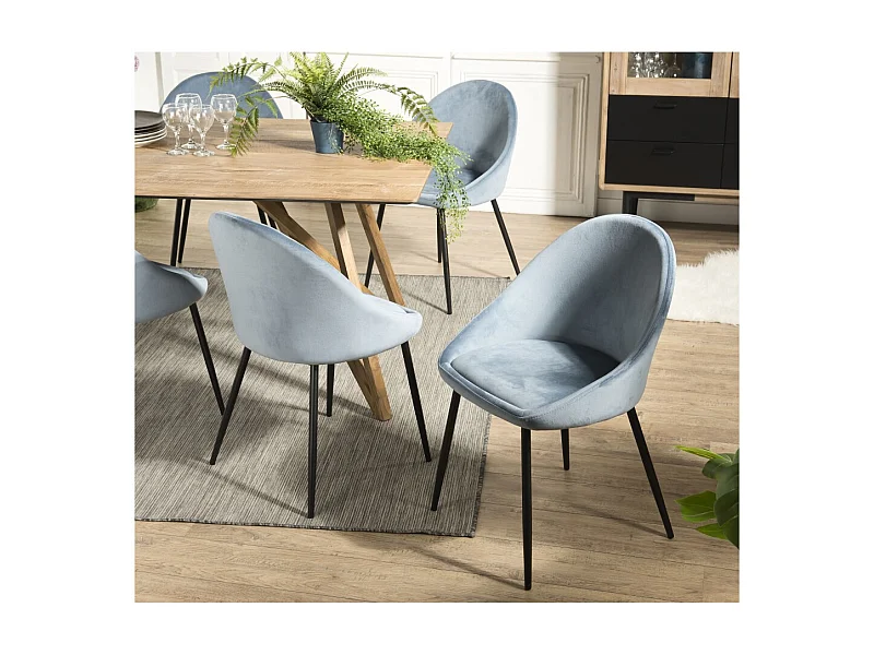 TOM - Lot de 2 chaises tissu velours bleu pieds métal noir