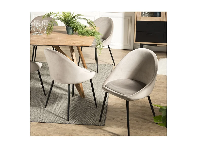 TOM - Lot de 2 chaises tissu velours chamois beige pieds métal noir